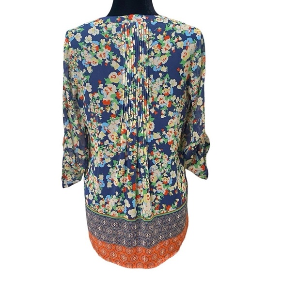 Daniel Rainn Floral Boho Peasant Blouse Roll Tab Sleeve Sheer Top Small - Picture 3 of 7